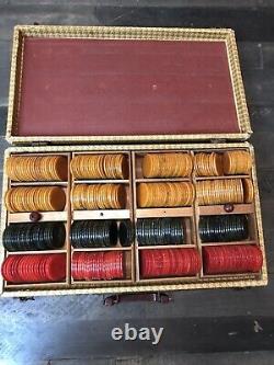 Vintage Catalin Bakelite Poker Chip Set Herringbone Case Abercrombie & Fitch