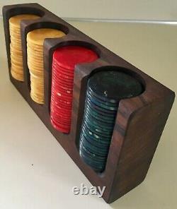 Vintage Catalin Poker Chips Set 101 Pc Marbled Red Yellow Blue In 70's Wood Rack