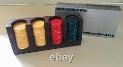 Vintage Catalin Poker Chips Set 101 Pc Marbled Red Yellow Blue In 70's Wood Rack
