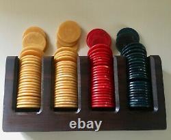 Vintage Catalin Poker Chips Set 101 Pc Marbled Red Yellow Blue In 70's Wood Rack