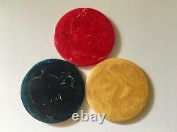 Vintage Catalin Poker Chips Set 101 Pc Marbled Red Yellow Blue In 70's Wood Rack