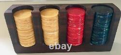 Vintage Catalin Poker Chips Set 101 Pc Marbled Red Yellow Blue In 70's Wood Rack