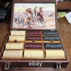 Vintage Clay Poker Chip Set 300 Dominoes Bakelite Dice Cards Horses AMERICANA