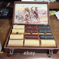 Vintage Clay Poker Chip Set 300 Dominoes Bakelite Dice Cards Horses AMERICANA