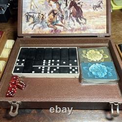 Vintage Clay Poker Chip Set 300 Dominoes Bakelite Dice Cards Horses AMERICANA