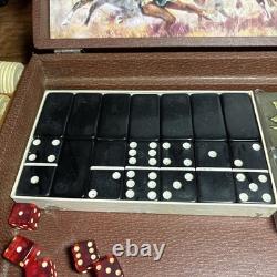 Vintage Clay Poker Chip Set 300 Dominoes Bakelite Dice Cards Horses AMERICANA