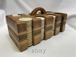 Vintage Clay Poker Chip Set withWood Caddy/Cover incl 46 Blue 94 White 50 Horse