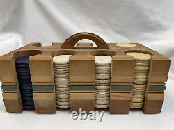 Vintage Clay Poker Chip Set withWood Caddy/Cover incl 46 Blue 94 White 50 Horse