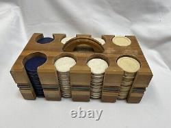 Vintage Clay Poker Chip Set withWood Caddy/Cover incl 46 Blue 94 White 50 Horse