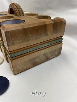 Vintage Clay Poker Chip Set withWood Caddy/Cover incl 46 Blue 94 White 50 Horse