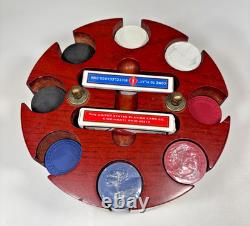 Vintage Diamond Clay Chip Set in Wood Carousel Caddy 179 Chips 2 Decks of Cards