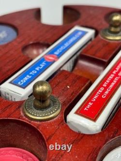 Vintage Diamond Clay Chip Set in Wood Carousel Caddy 179 Chips 2 Decks of Cards