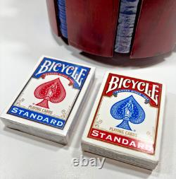 Vintage Diamond Clay Chip Set in Wood Carousel Caddy 179 Chips 2 Decks of Cards