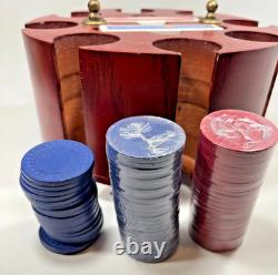 Vintage Diamond Clay Chip Set in Wood Carousel Caddy 179 Chips 2 Decks of Cards