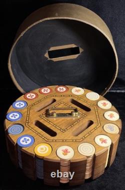 Vintage Drueke Rare #512 400+ Clay PokerChip Set In Wood Carousel Handsome Inlay