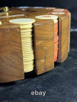 Vintage Drueke Rare #512 400+ Clay PokerChip Set In Wood Carousel Handsome Inlay