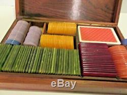 Vintage European Style Gaming Poker Chip Set Plaques Wood Box Cards