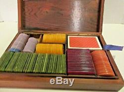 Vintage European Style Gaming Poker Chip Set Plaques Wood Box Cards