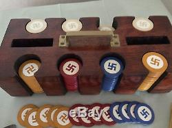 Vintage Full Set Inlaid Clay Swastika Good Luck Poker Chips in Mohoghany Rack