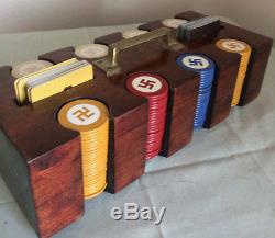 Vintage Full Set Inlaid Clay Swastika Good Luck Poker Chips in Mohoghany Rack