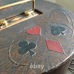 Vintage Galalith/Bakelite Poker Chip Caddy Set Inlaid Hand Tooled Leather & Dice