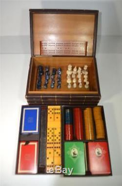 Vintage Game Set in Books Box, Bakelite Poker Chips & Dominoes, Cards, More
