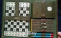 Vintage Game Set in Box, Bakelite Poker, Cards, Chess, Checkers + Liquor Bottles