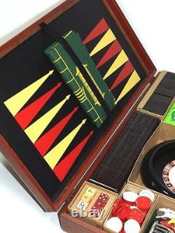 Vintage Gaming Set Backgammon Chess Dominos Poker Roulette Cribbage