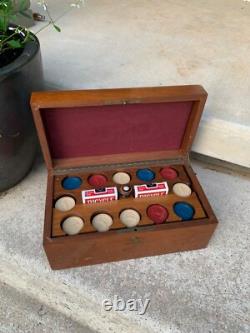 Vintage Golf Poker Set withWooden box, chip tray & cards red white blue