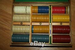 Vintage Good Luck Swastika Inlaid Poker Chips Set Of 327 With Wood Case Rare Set