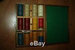 Vintage Good Luck Swastika Inlaid Poker Chips Set Of 327 With Wood Case Rare Set