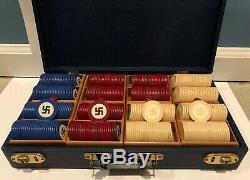 Vintage Good Luck Swastika Inlaid Poker Chips Set Of 393 With Case Rare Set