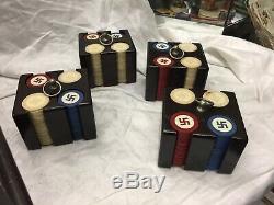 Vintage Good Luck Swastika Inlaid Poker Chips Set Of 441 With Case Rare Set