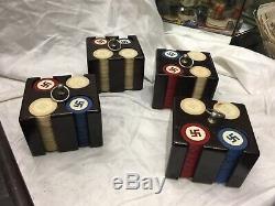 Vintage Good Luck Swastika Inlaid Poker Chips Set Of 441 With Case Rare Set