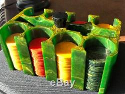 Vintage Green Bakelite Catalin Poker Chip Caddy Holder Set 166 Translucent Chips