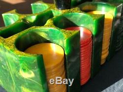 Vintage Green Bakelite Catalin Poker Chip Caddy Holder Set 166 Translucent Chips