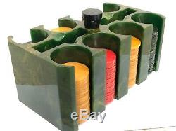 Vintage Green Bakelite Catalin Poker Chip Caddy Holder Set 166 Translucent Chips