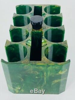 Vintage Green Bakelite Catalin Poker Chip Caddy Holder Set 166 Translucent Chips