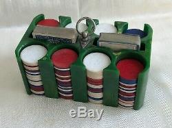 Vintage Green Swirl Bakelite Poker Chip Caddy Set With 187 Chips/2 Card Decks