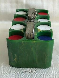 Vintage Green Swirl Bakelite Poker Chip Caddy Set With 187 Chips/2 Card Decks