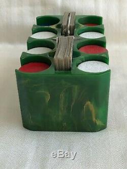 Vintage Green Swirl Bakelite Poker Chip Caddy Set With 187 Chips/2 Card Decks