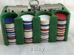 Vintage Green Swirl Bakelite Poker Chip Caddy Set With 187 Chips/2 Card Decks