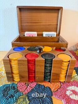 Vintage Handmade Wood Bakelite Poker Chip Caddy Boxed Set