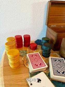 Vintage Handmade Wood Bakelite Poker Chip Caddy Boxed Set