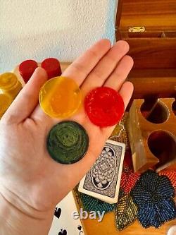 Vintage Handmade Wood Bakelite Poker Chip Caddy Boxed Set