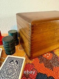 Vintage Handmade Wood Bakelite Poker Chip Caddy Boxed Set