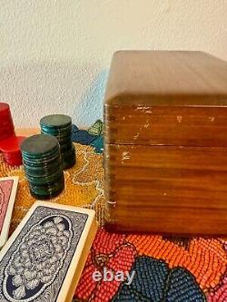 Vintage Handmade Wood Bakelite Poker Chip Caddy Boxed Set