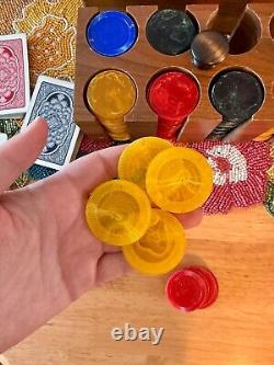 Vintage Handmade Wood Bakelite Poker Chip Caddy Boxed Set