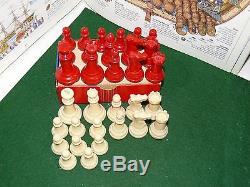 Vintage IVORY & RED Weighted Chess Set, Felt Bottoms