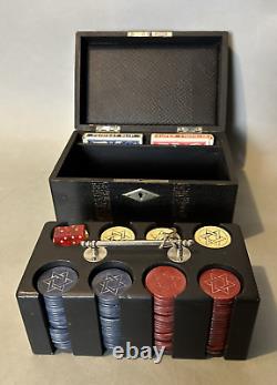 Vintage Incised Star of David Poker Chip Set in Carved Oak Chest Box